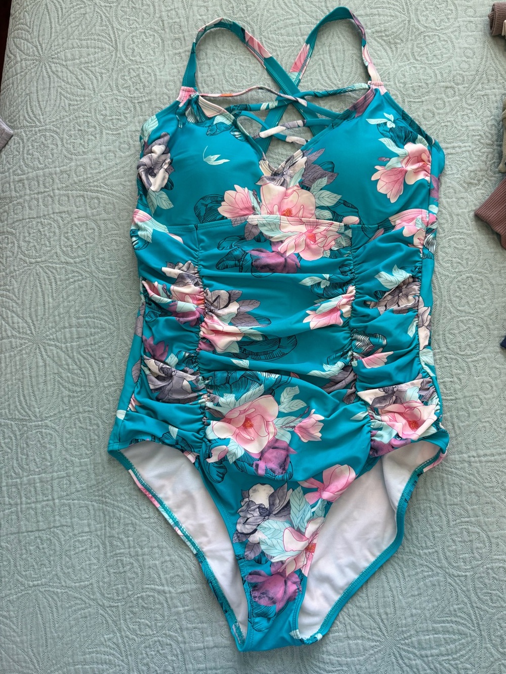 torrid Teal Floral Ruched One-Piece Swimsuit with Pink Blooms